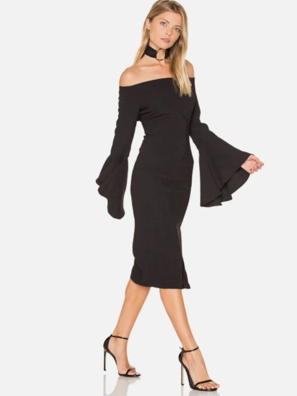 Bardot NWT Solange Off the Shoulder Midi Dress XS 4 Black Bell Sleeve Whimsigoth
